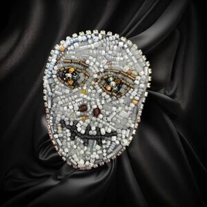 Unique Murka Handcrafted Beaded Skull Face Brooch Cream White and Gold